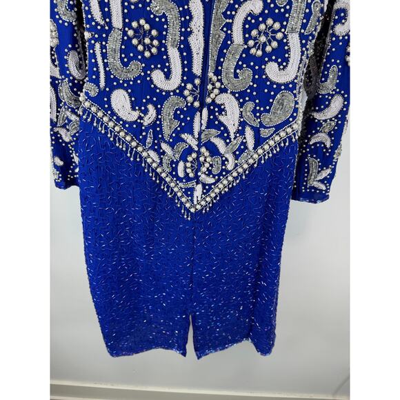 Vintage Silk Cocktail Dress Blue Sequin Beaded Avant Garde - Scala Size Med/Lrg - Picture 14 of 16